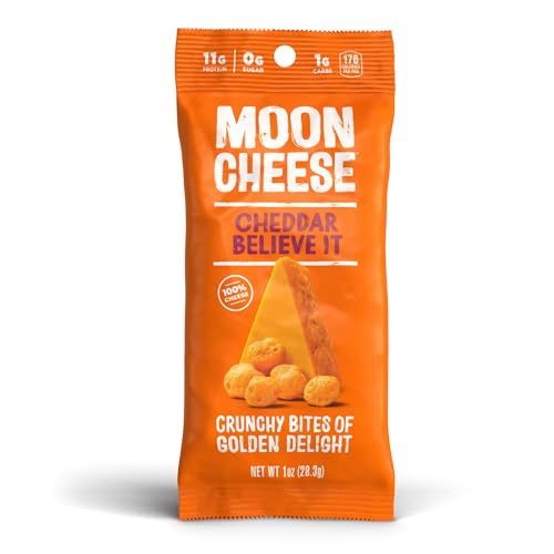 Moon Cheese Cheddar Believe It crunch close-up shows a crisp, savory texture.