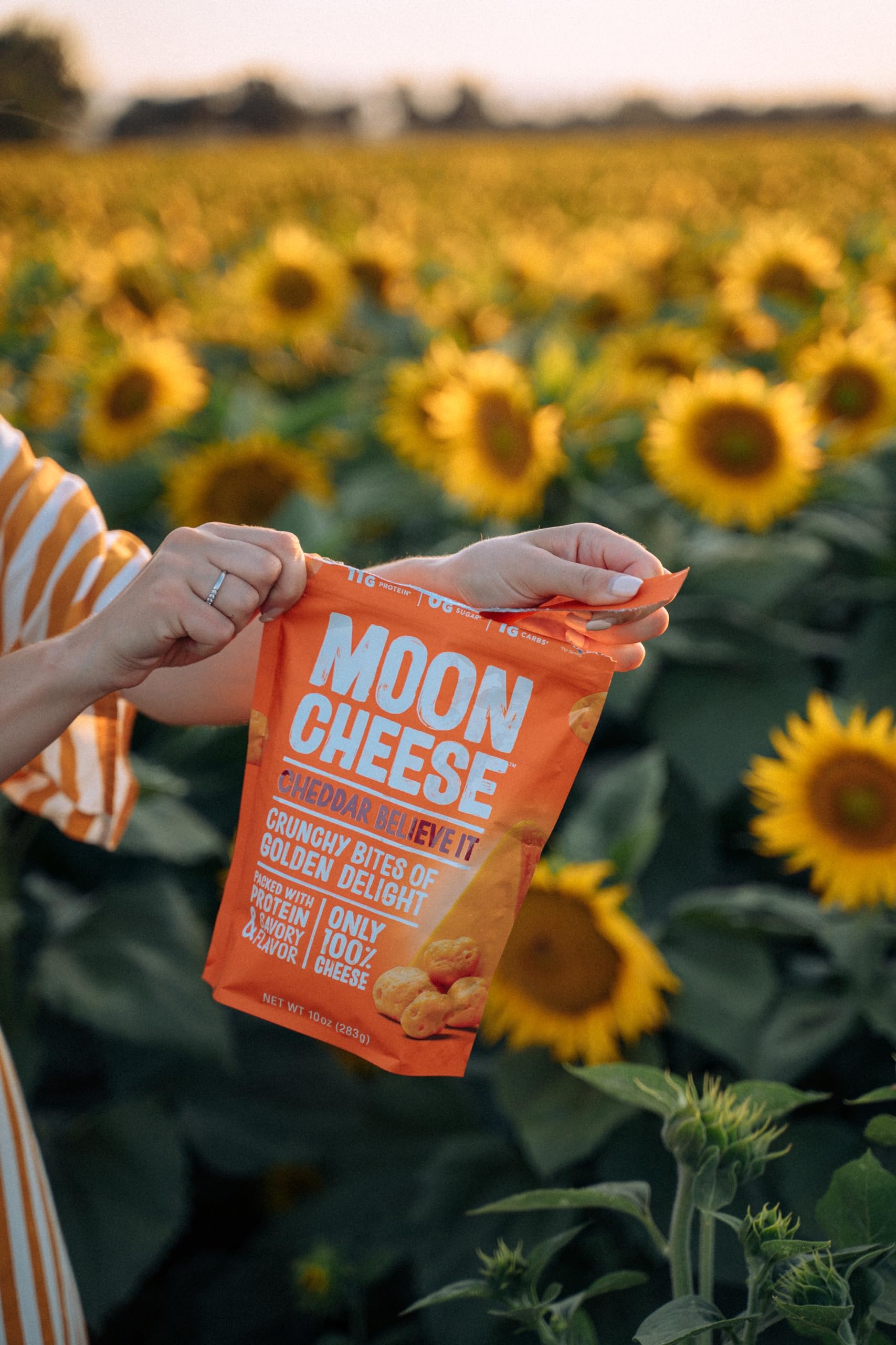 Moon Cheese cheddar packaging emphasizing keto-friendly, low-carb snack