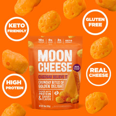 Moon Cheese Cheddar Believe It in a kid's lunchbox, protein-rich snack.