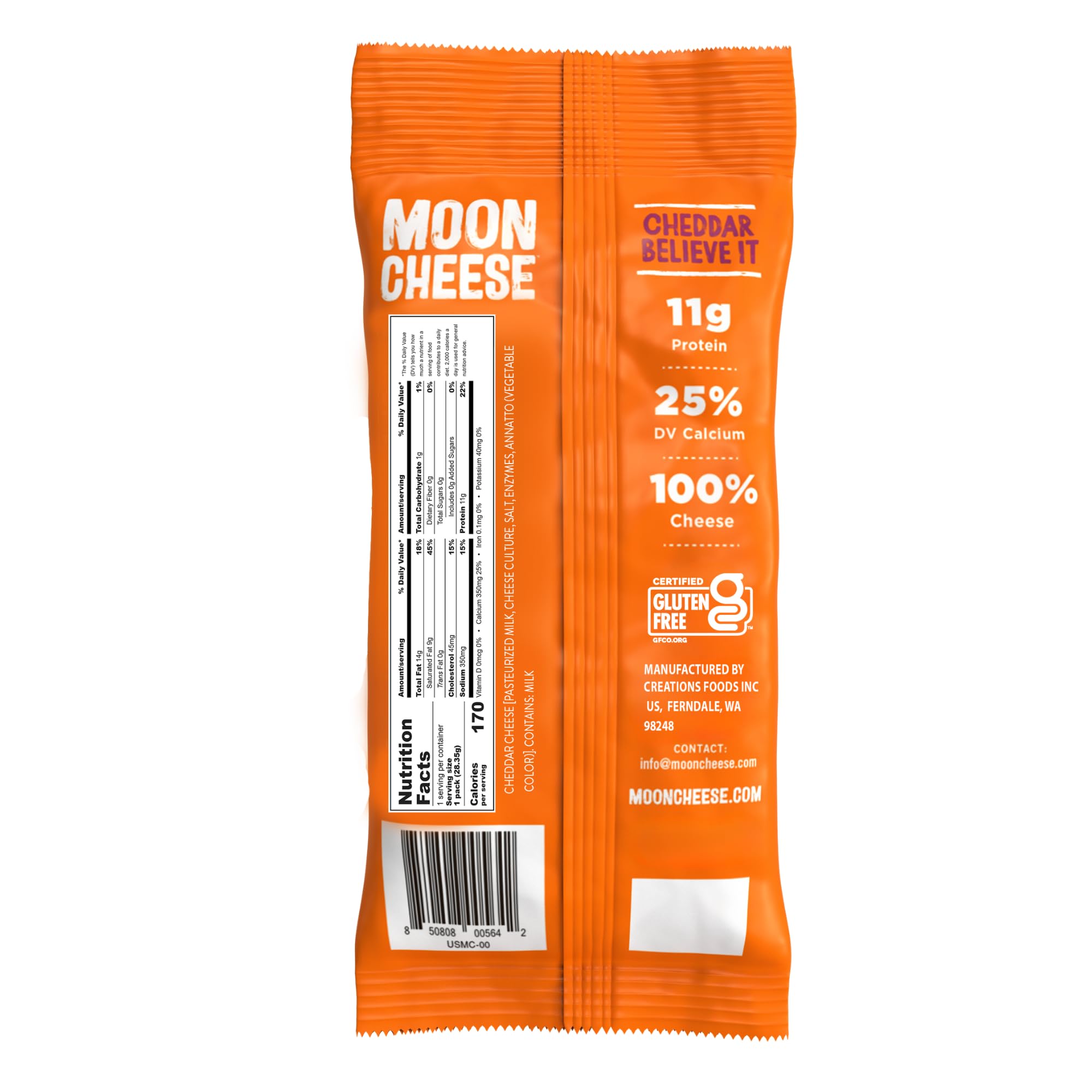 Moon Cheese Cheddar Believe It nutrition label emphasizes protein and calcium.