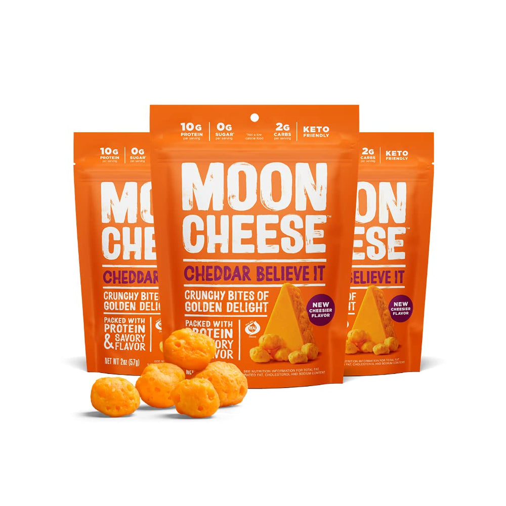 Moon Cheese Cheddar Believe It pack-front showing three 2-ounce portions for on-the-go snacking