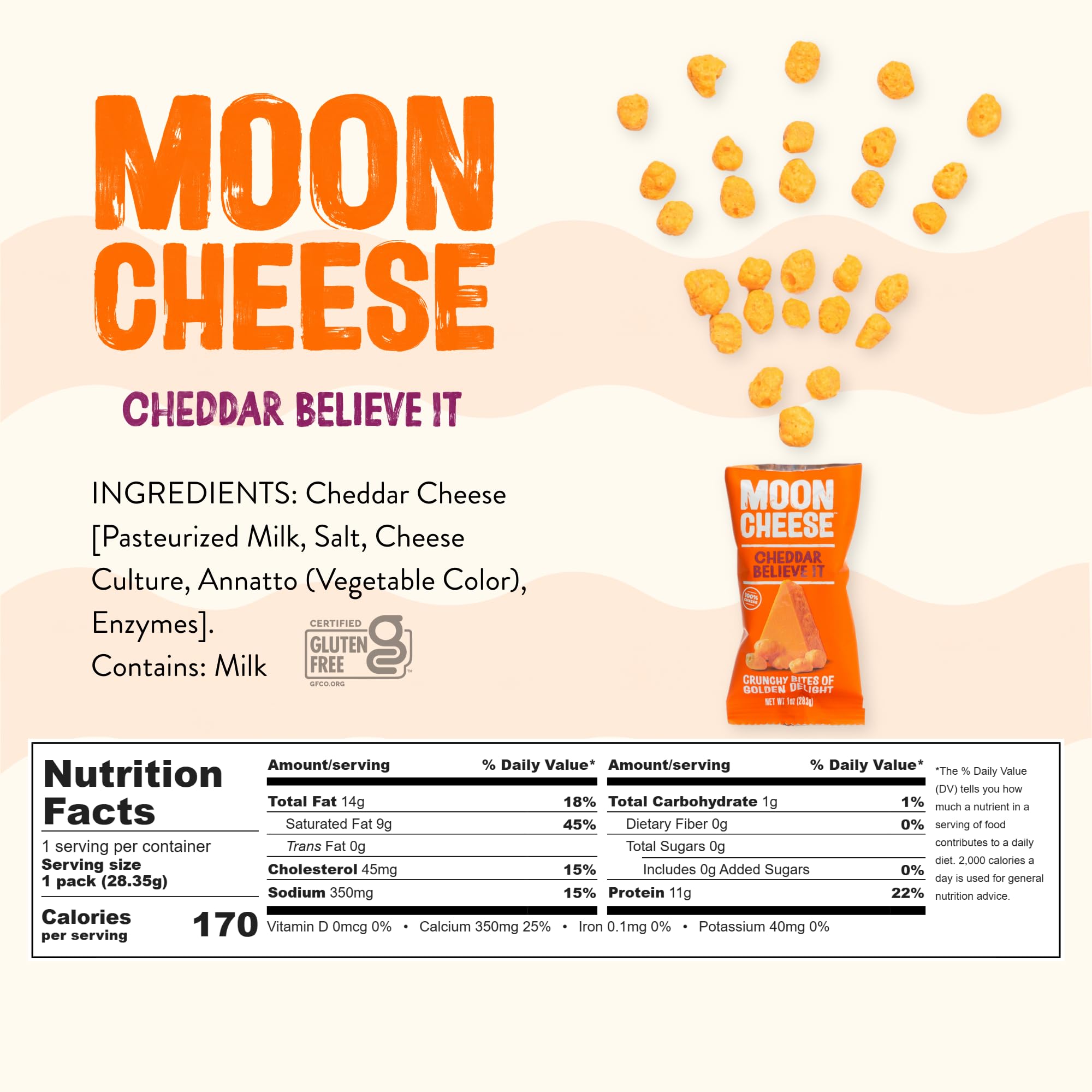 Moon Cheese Cheddar Believe It single-serve 1oz bite close-up.
