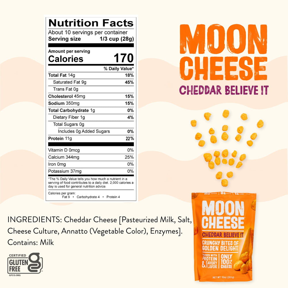 Moon Cheese crunchy cheddar snack close-up highlighting savory flavor and protein