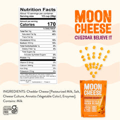 Moon Cheese crunchy cheddar snack close-up highlighting savory flavor and protein