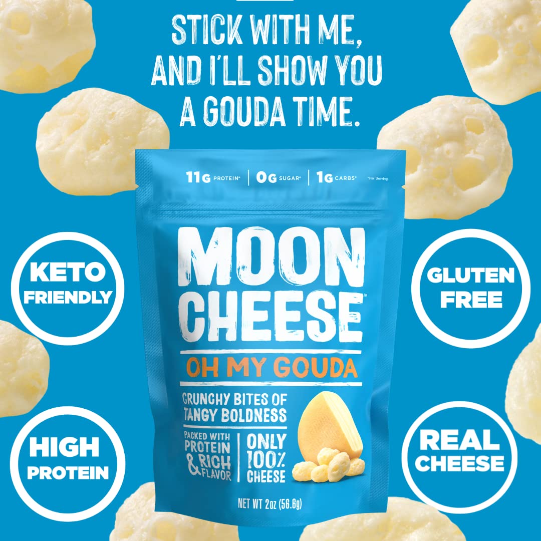 Moon Cheese Oh My Gouda 2-pack—packaging for convenient pantry snacking.