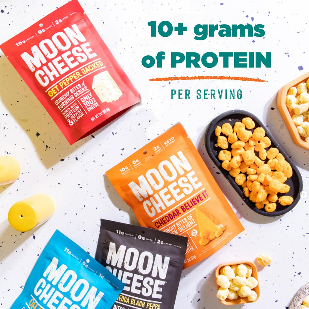 Moon Cheese packaging display showing three flavors, shopper-friendly.