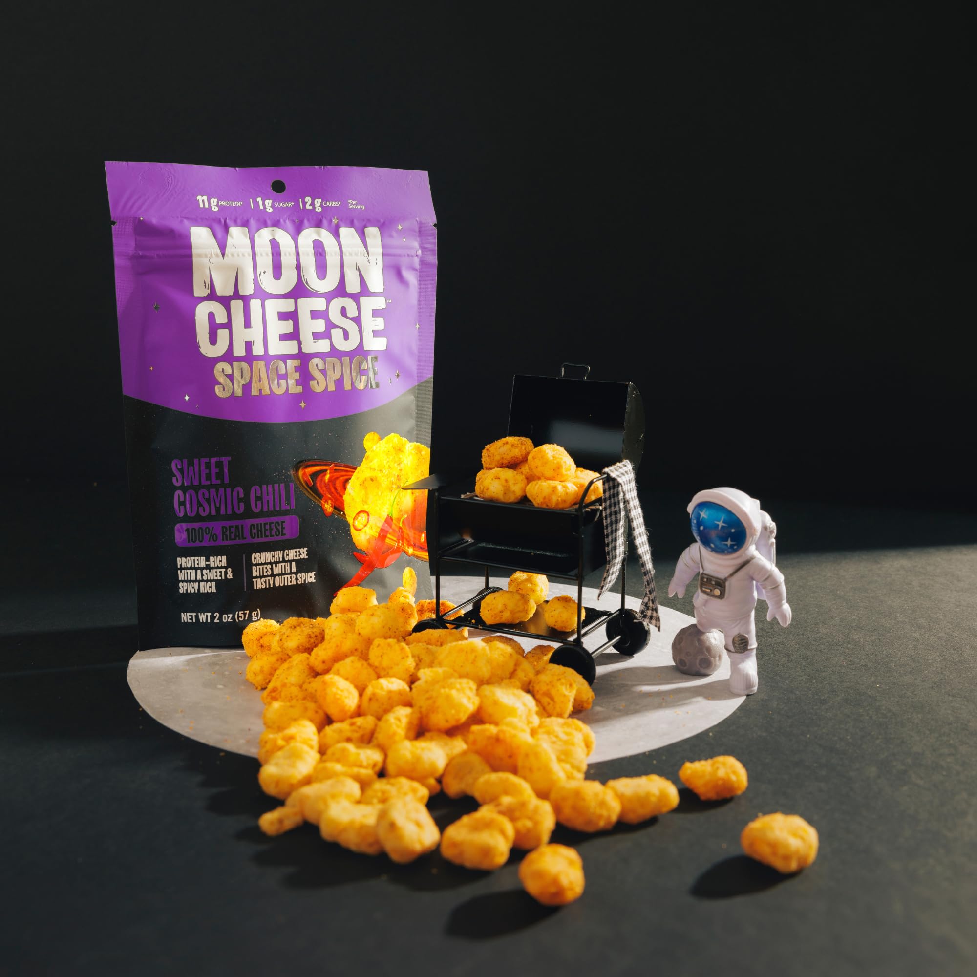 Moon Cheese Space Spice crunchy bites against a bright background.