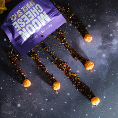 Moon Cheese Space Spice keto badge on-pack, supports low-carb snacking.