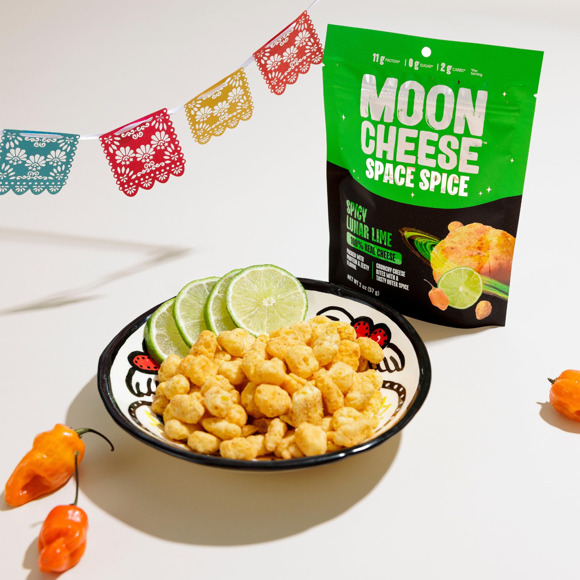Moon Cheese Space Spice no sugar added — savory crunch without added sugar.