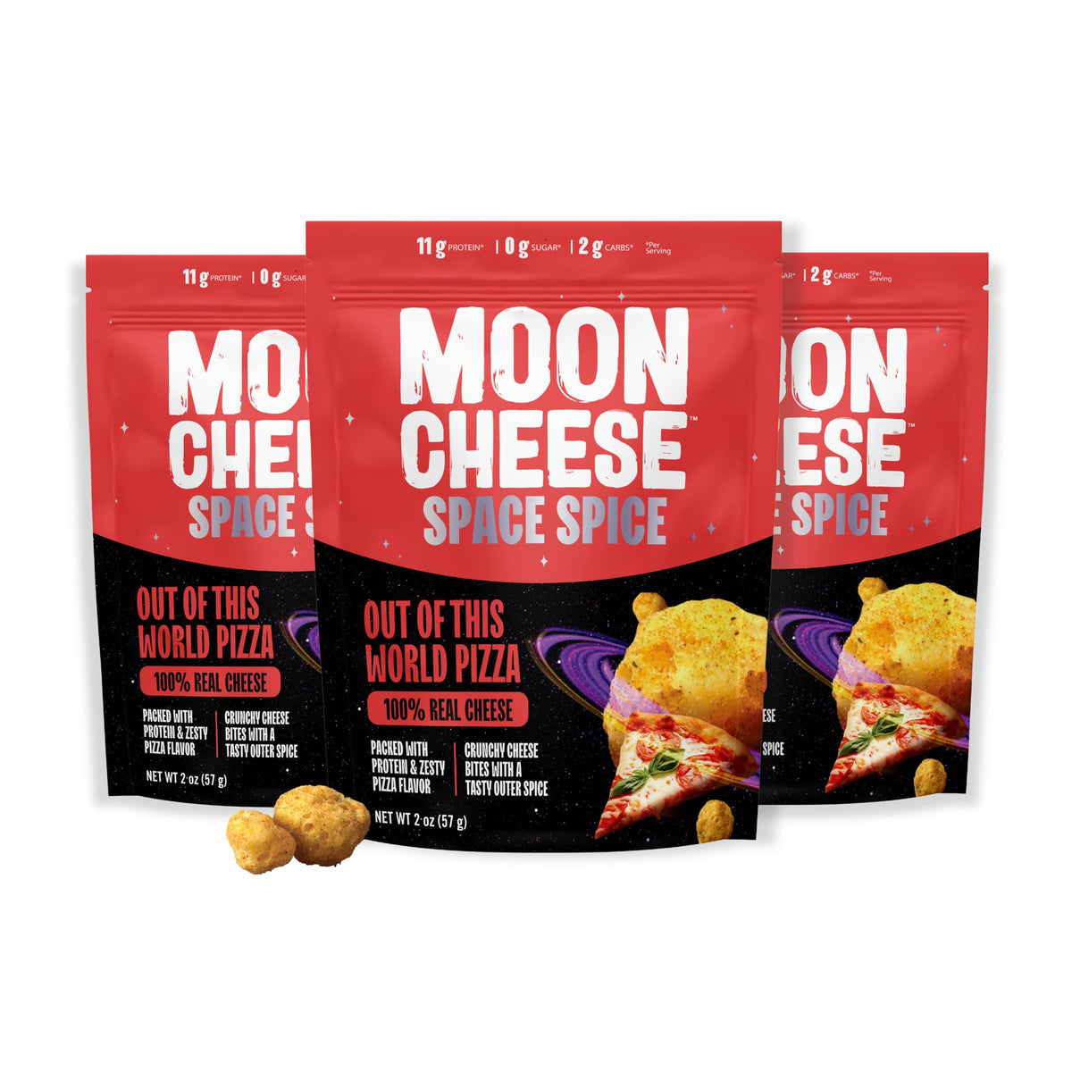Moon Cheese Space Spice pizza snack bag showing protein-rich crunch