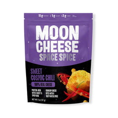 Moon Cheese Space Spice snack bag back lists keto-friendly and gluten-free notes.
