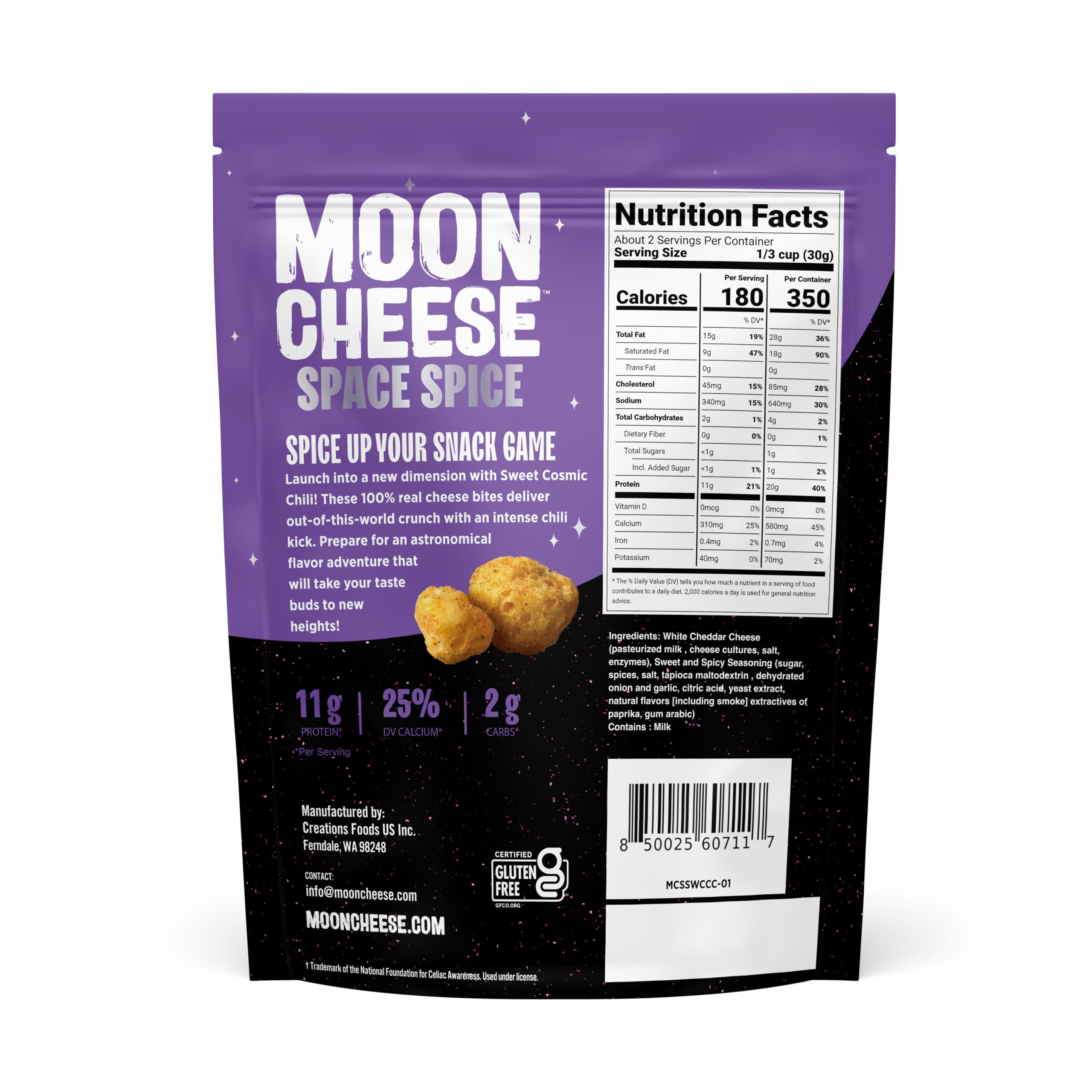 Moon Cheese Space Spice snack bag front showcases bold Sweet Cosmic Chili flavor.