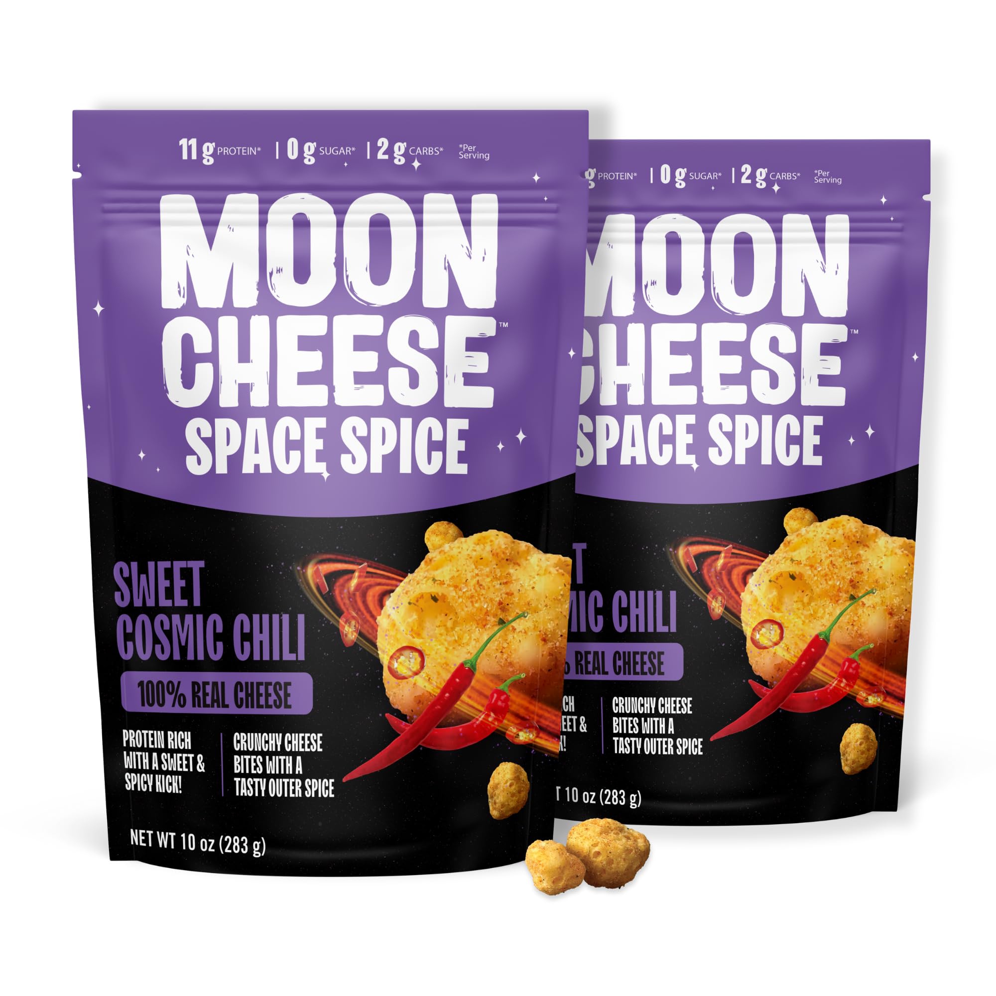 Moon Cheese Space Spice bag close-up, bold flavor and 11g protein.