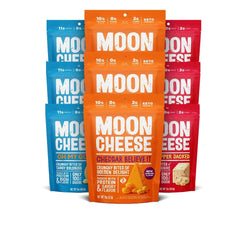 Moon Cheese variety-pack 2oz bags front view, on-the-go protein boost.