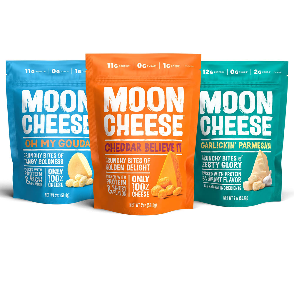 Moon Cheese variety-pack cheddar bites for on-the-go protein and flavor.
