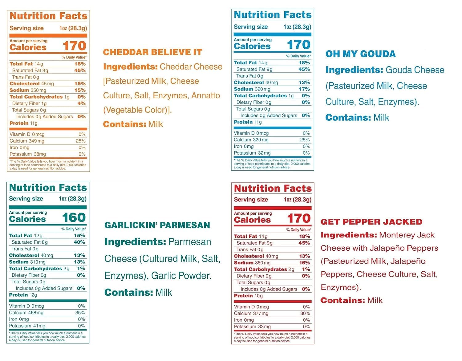 Moon Cheese variety-pack flavor list featuring cheddar to pepper jack