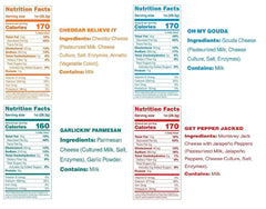 Moon Cheese variety-pack flavor list featuring cheddar to pepper jack