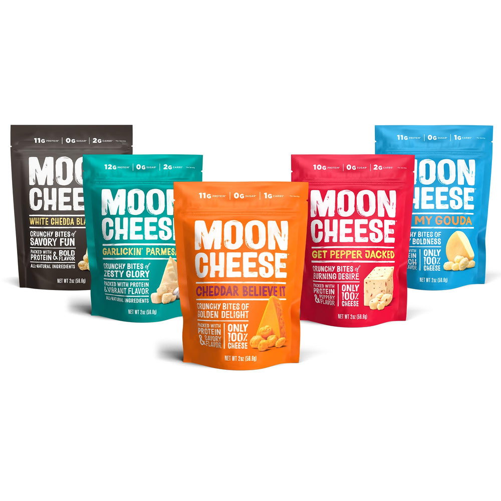 Moon Cheese variety pack front view showing all flavors for on-the-go snacking