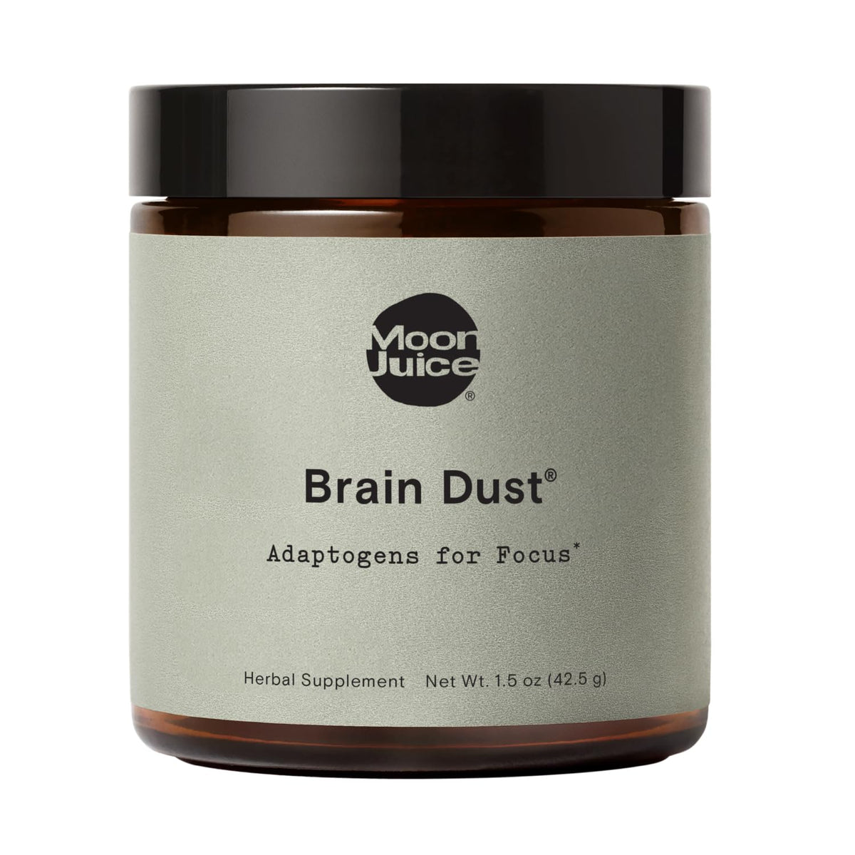 Moon Juice Brain Dust bottle on shelf, caffeine-free focus support.