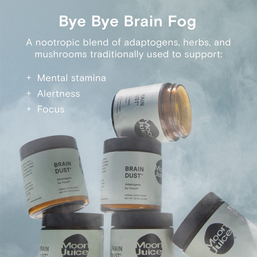 Moon Juice Brain Dust stirred into coffee for mindful focus without caffeine.