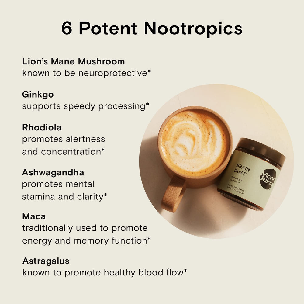 Moon Juice Brain Dust mixed into milk for a creamy, caffeine-free boost.