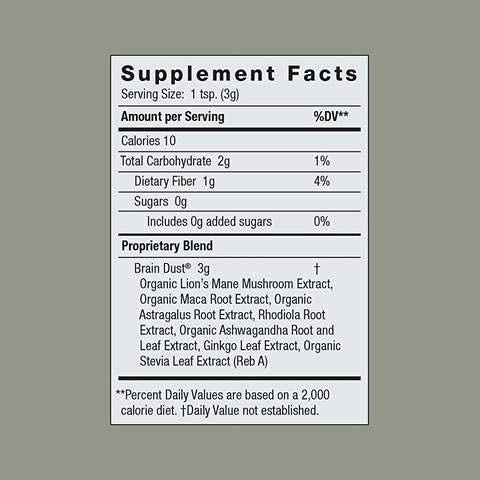Moon Juice Brain Dust tin label highlighting adaptogenic mushrooms for memory.