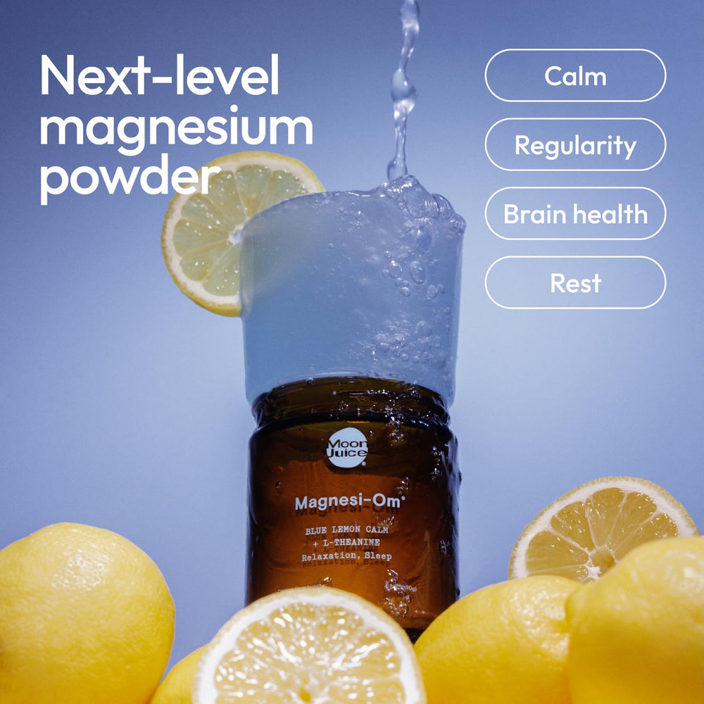 Moon Juice Magnesi-om Blue Lemon Jar label closeup, highlighting 55 servings and blue lemon flavor