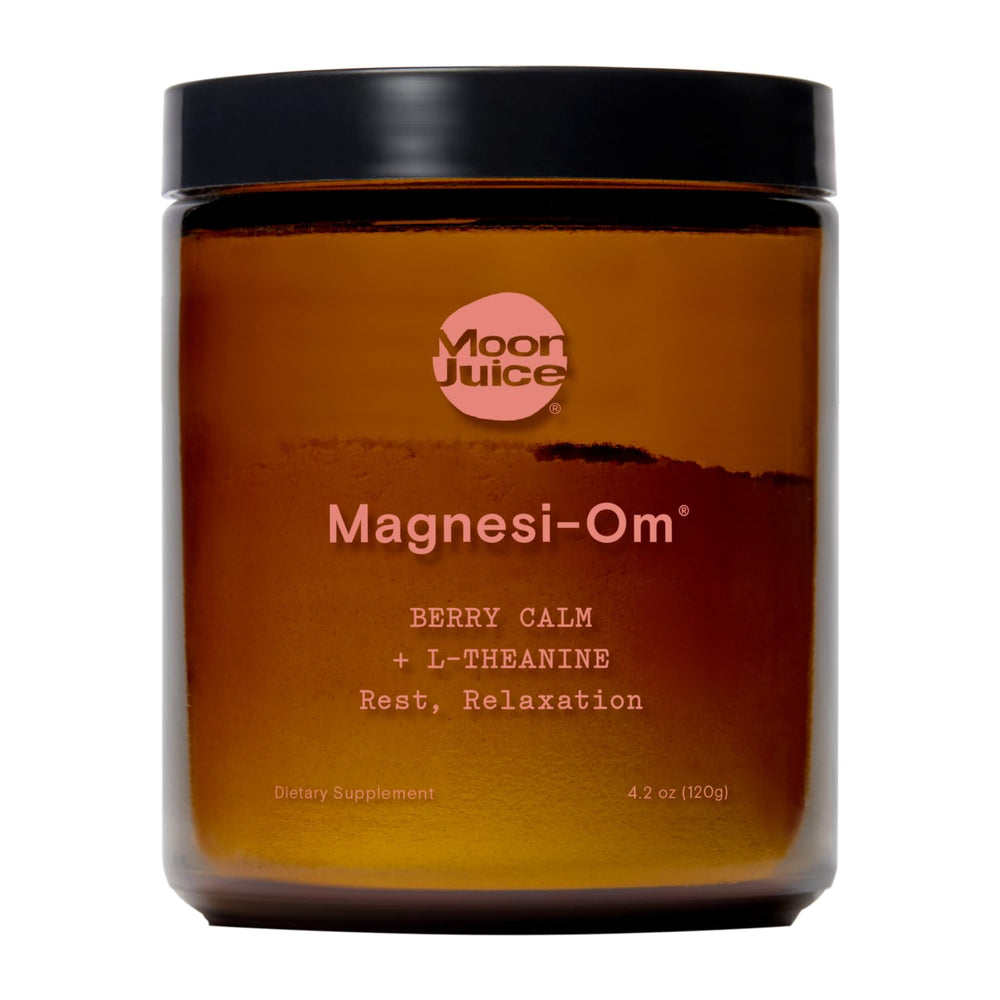 Moon Juice Magnesi-Om powder tub berry flavor supports daily relaxation.
