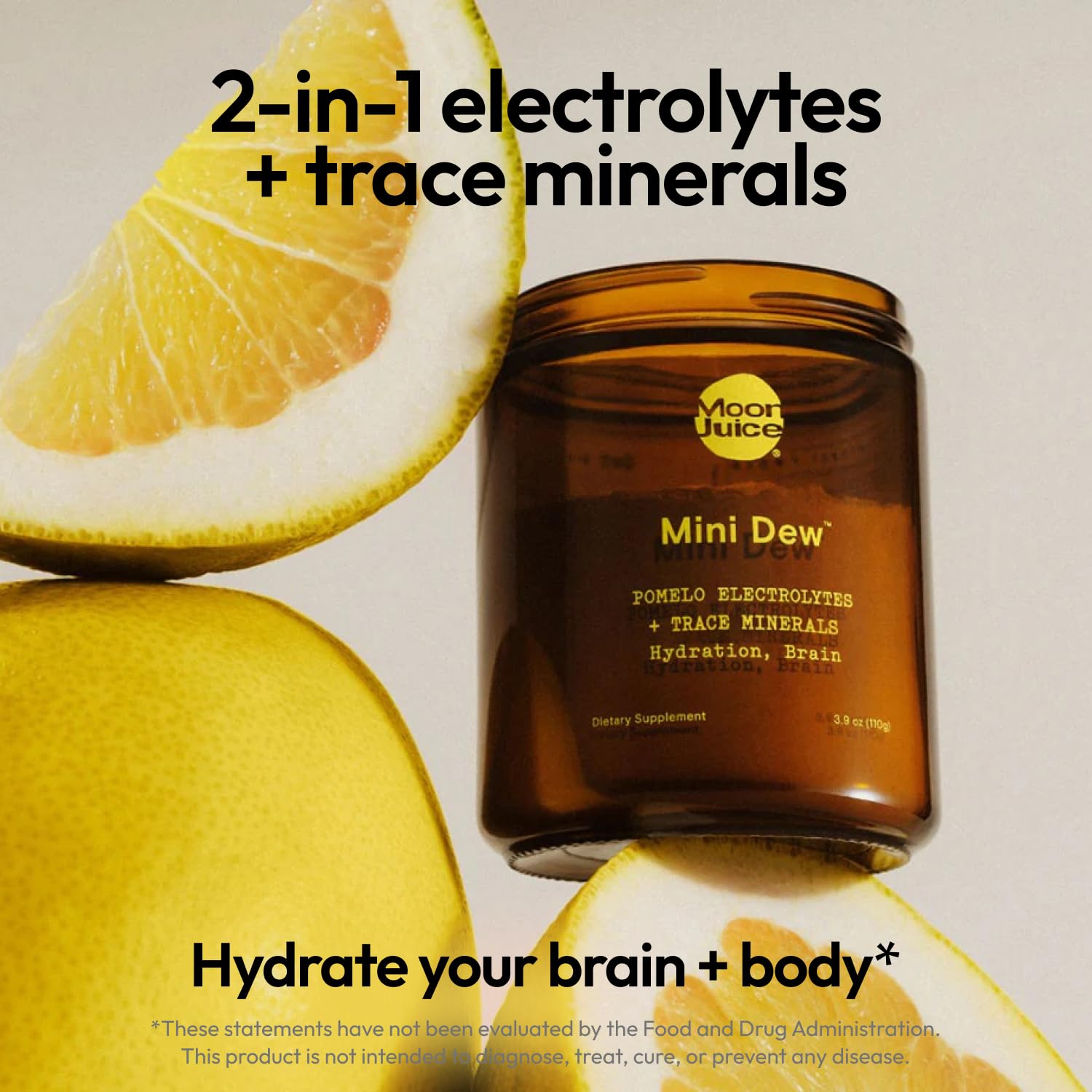 Moon Juice Mini Dew electrolytes powder in a reusable jar highlighting sustainable, zero sugar hydration.