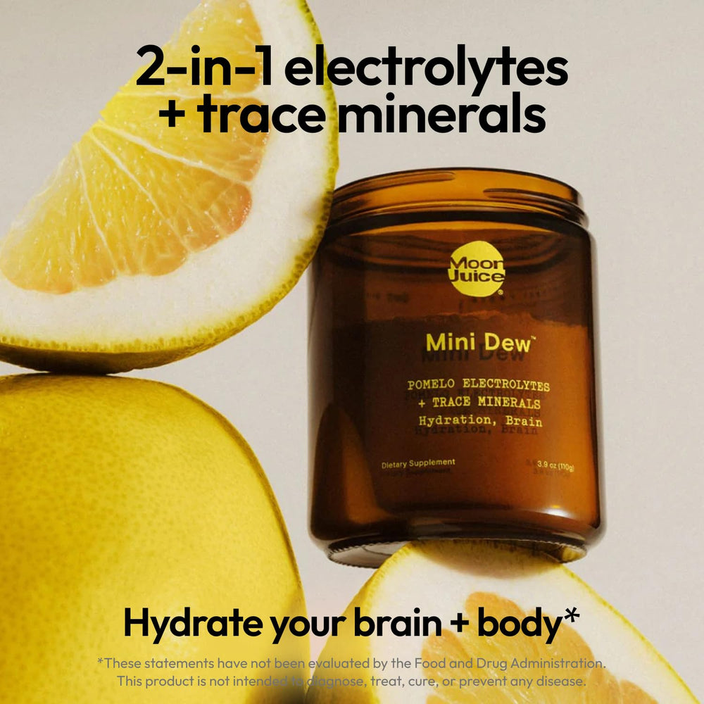Moon Juice Mini Dew electrolytes powder in a reusable jar highlighting sustainable, zero sugar hydration.