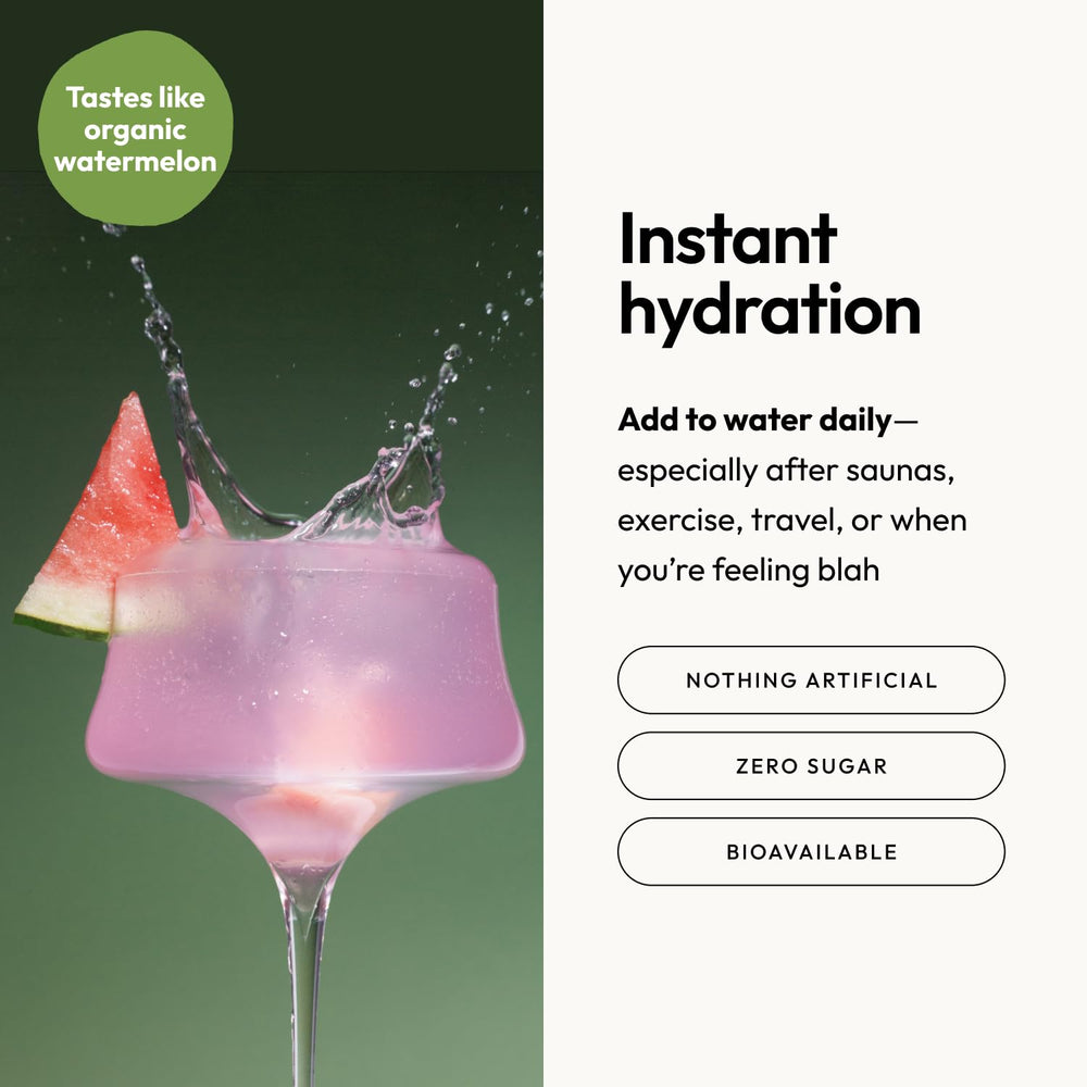 Moon Juice Mini Dew watermelon flavor dissolving into a glass for daily hydration