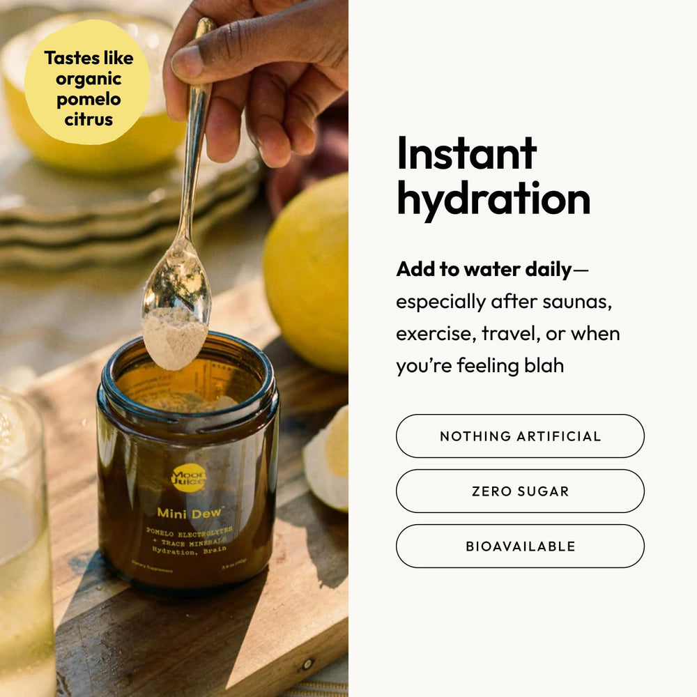 Moon Juice Mini Dew pink salt and minerals visible, supporting balanced hydration during workouts.
