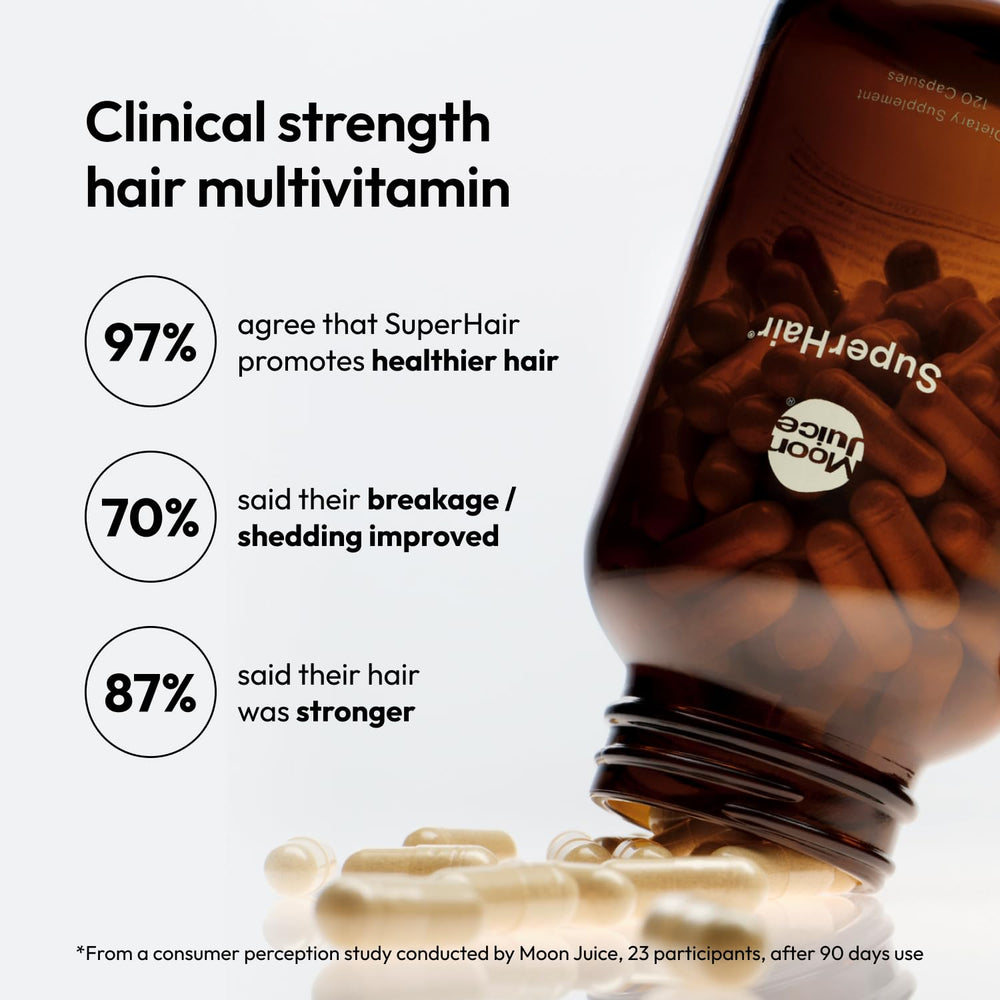 Moon Juice SuperHair bottle pour showing easy daily capsules