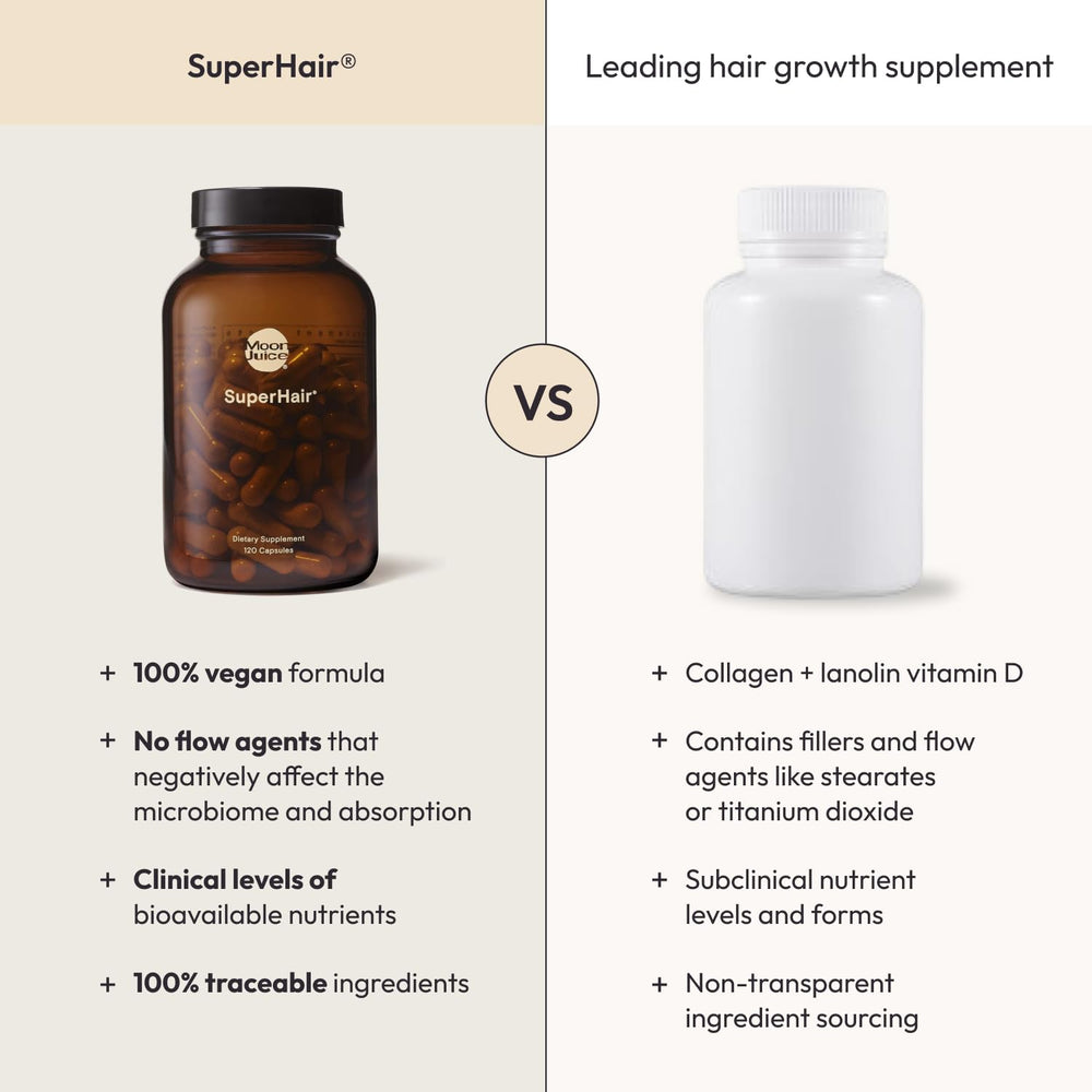 Moon Juice SuperHair ingredient list featuring Saw Palmetto and Pumpkin Seed for follicle support