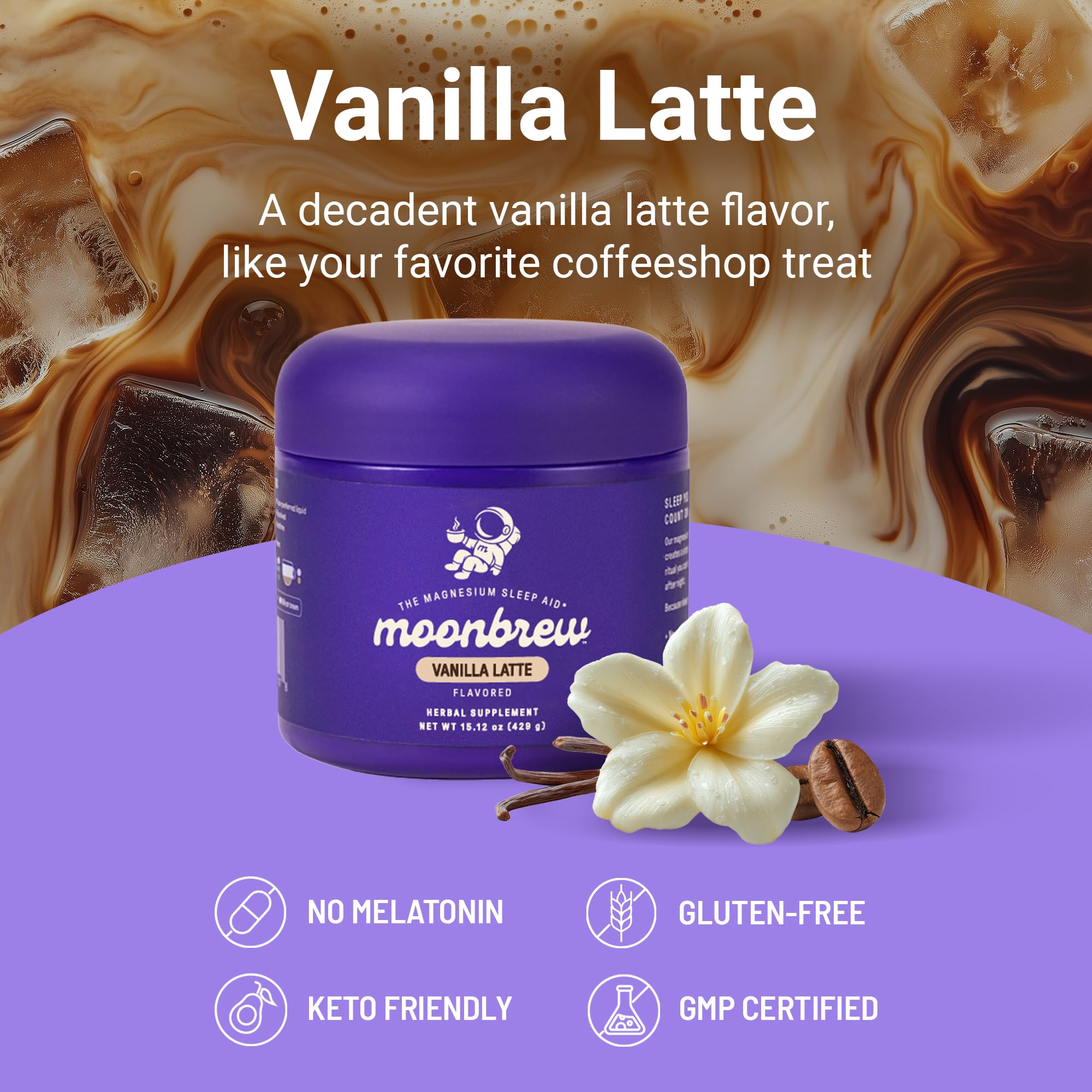 MoonBrew label and jar on shelf highlighting gluten-free and melatonin-free sleep support.