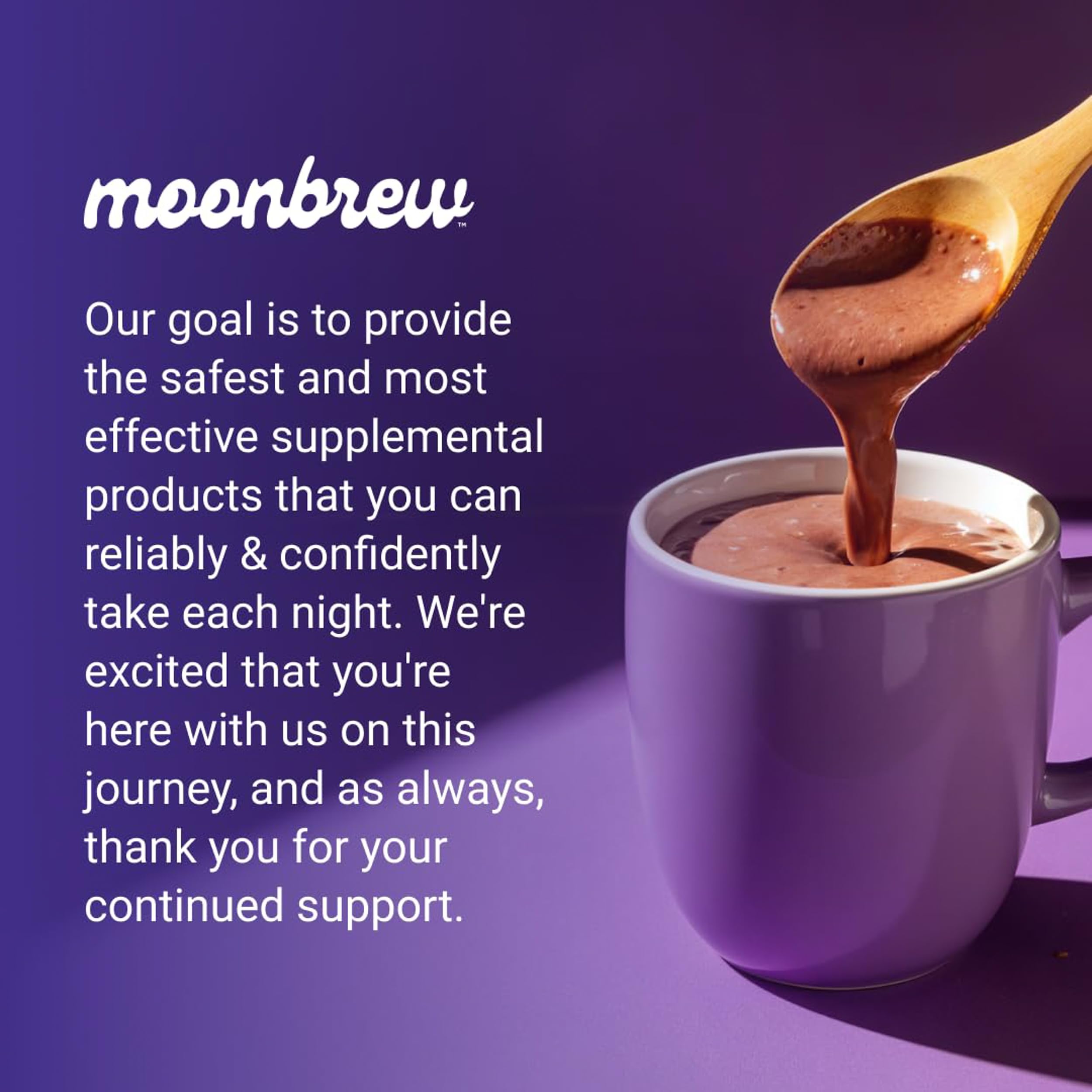 MoonBrew hot cocoa dissolving smoothly in water for an evening drink.