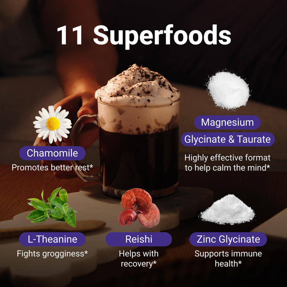 MoonBrew ingredients close-up highlighting chamomile and zinc glycinate.