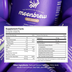 MoonBrew Nighttime Hot Cocoa jar label emphasizes melatonin-free sleep support.