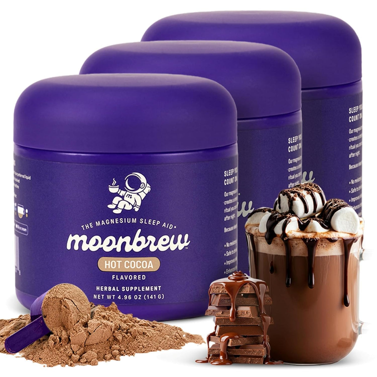 MoonBrew Nighttime Magnesium Hot Cocoa jar front invites a relaxing nightly ritual.