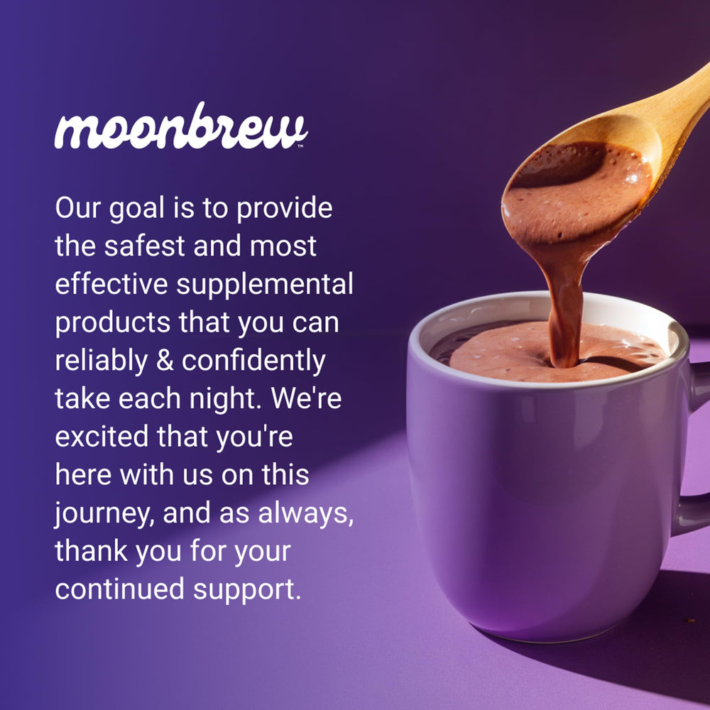 MoonBrew Nighttime Magnesium Hot Cocoa three-jar pack on the countertop supports a simple nightly routine.