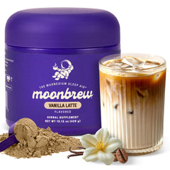MoonBrew Nighttime Magnesium Vanilla Latte jar on shelf, ideal for a relaxing evening ritual.