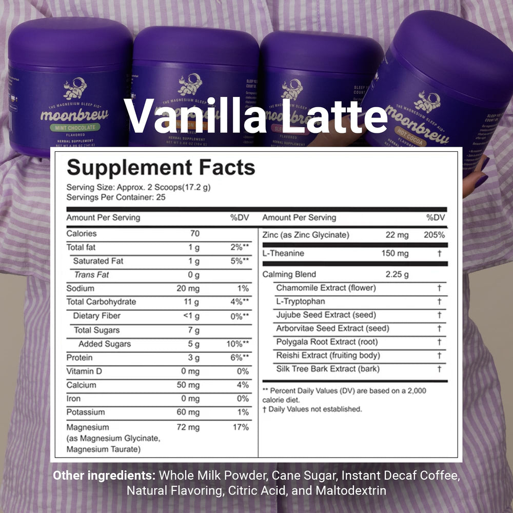 MoonBrew Vanilla Latte being poured into a mug for a calm, caffeine-free wind-down.