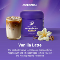 MoonBrew Vanilla Latte powder close-up ready to mix for a soothing nightly drink.