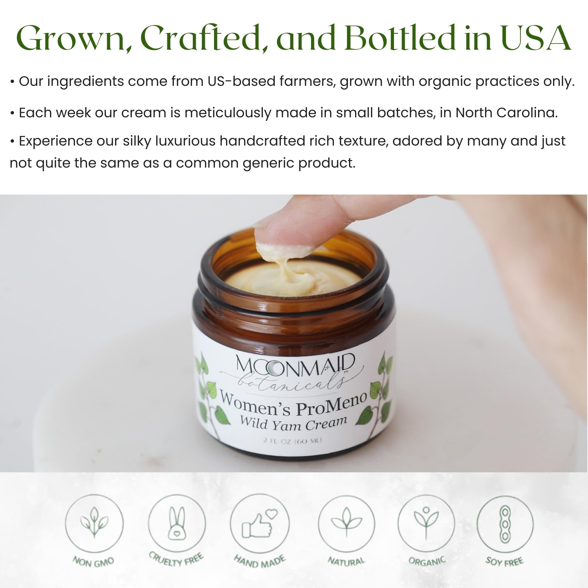 MoonMaid Botanicals ProMeno Wild Yam Cream packaging emphasizing organic ingredients