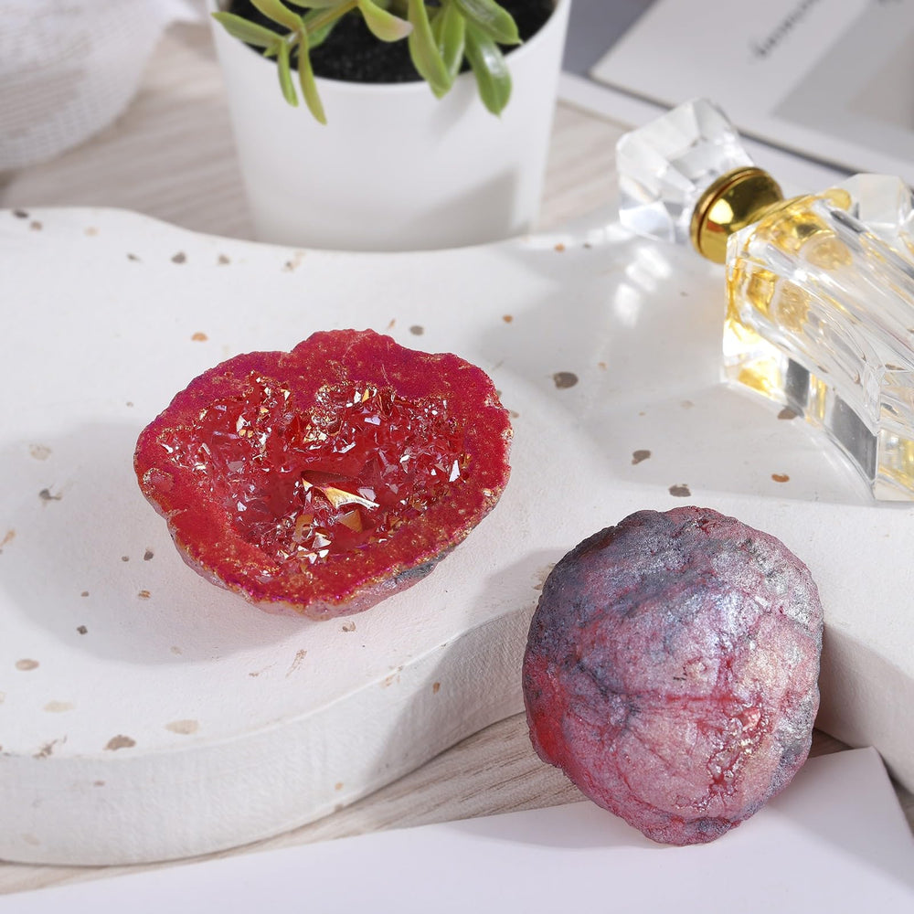 Moonsix titanium-coated geode red sparkle brightens shelves.