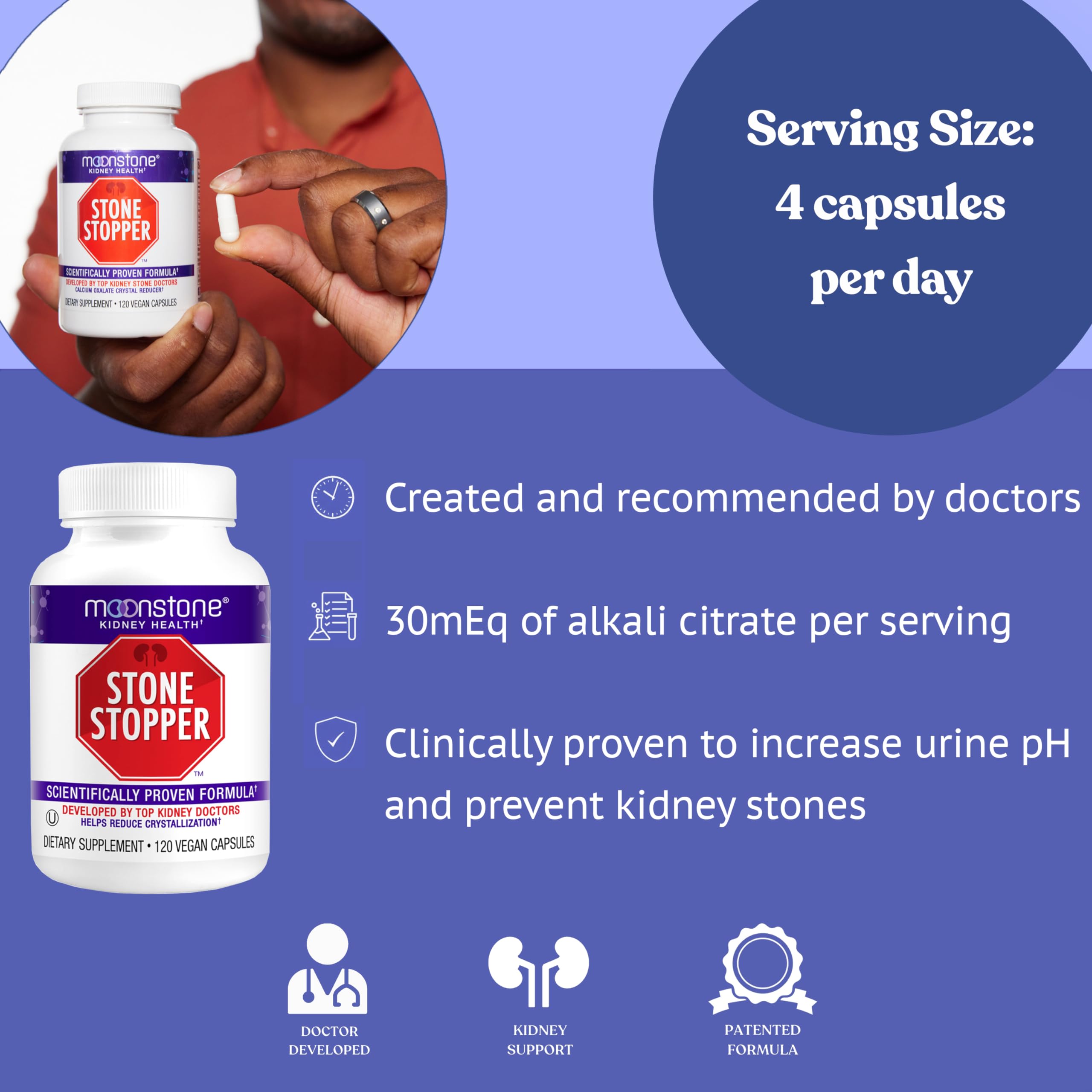 Moonstone Stone Stopper Alkali Citrate Panel explains urine pH support.