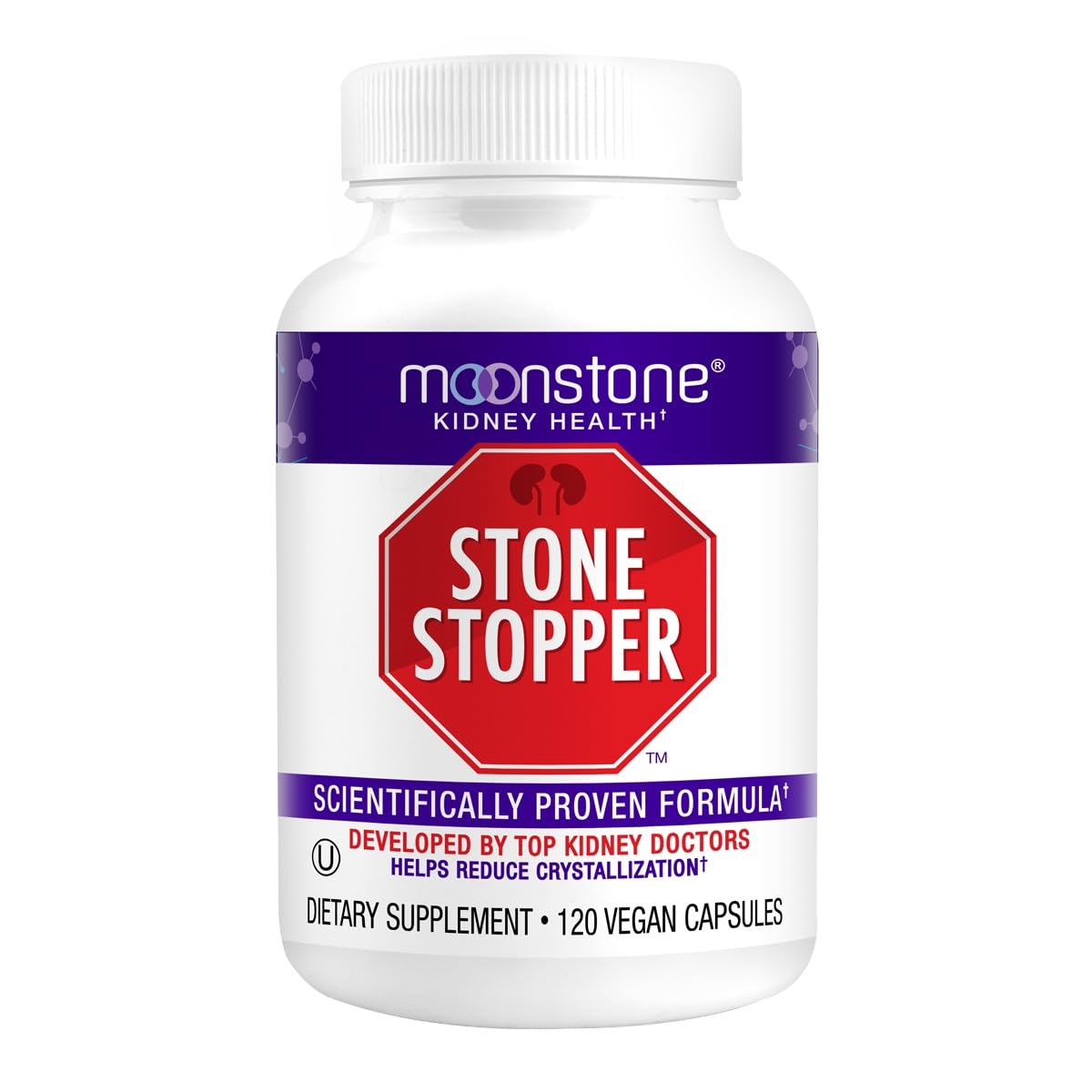 Moonstone Stone Stopper bottle shown for convenient kidney health support.