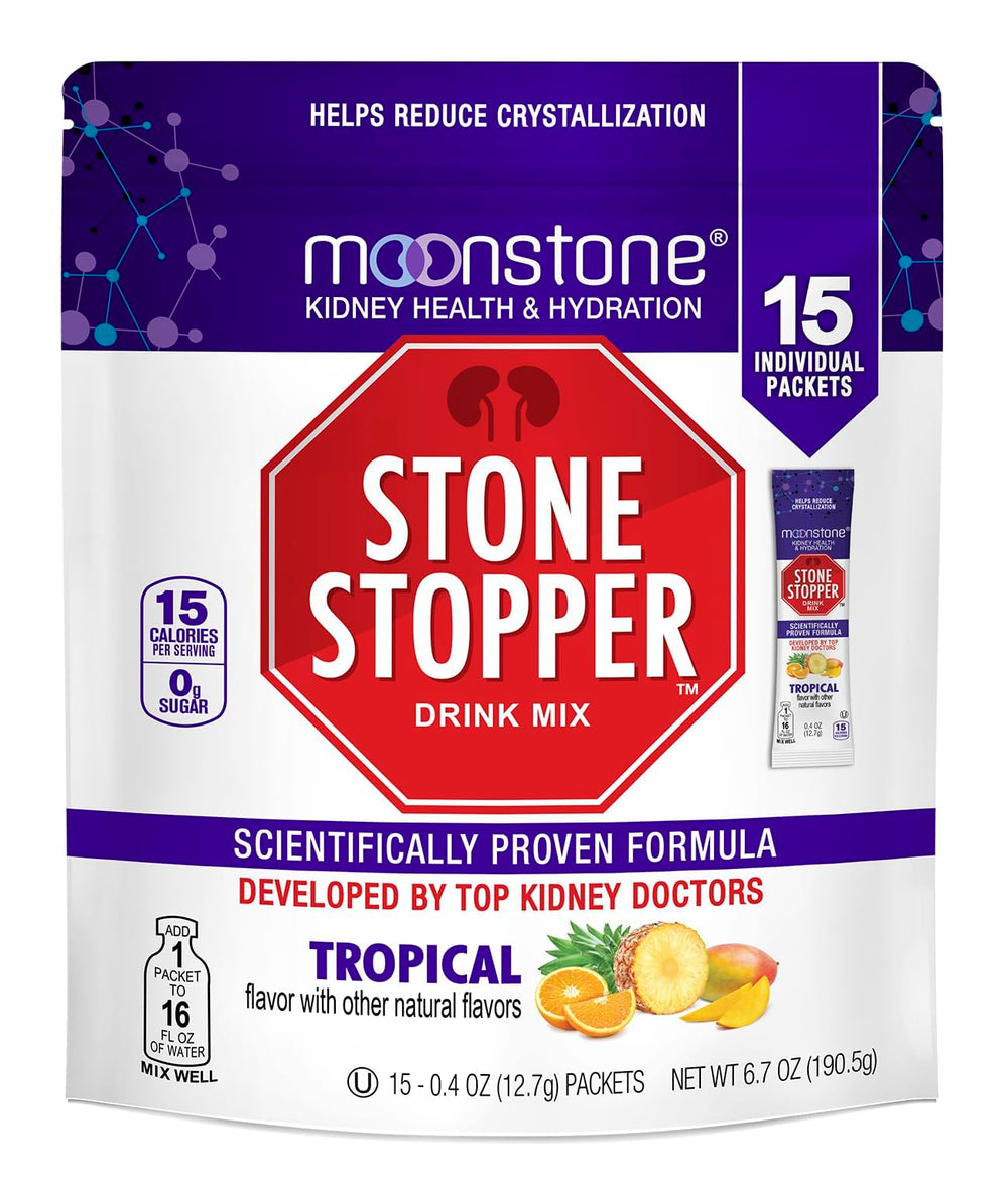 Moonstone Stone Stopper Drink Mix bottle on tropical backdrop supports daily hydration.