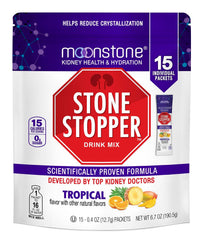 Moonstone Stone Stopper Drink Mix bottle on tropical backdrop supports daily hydration.