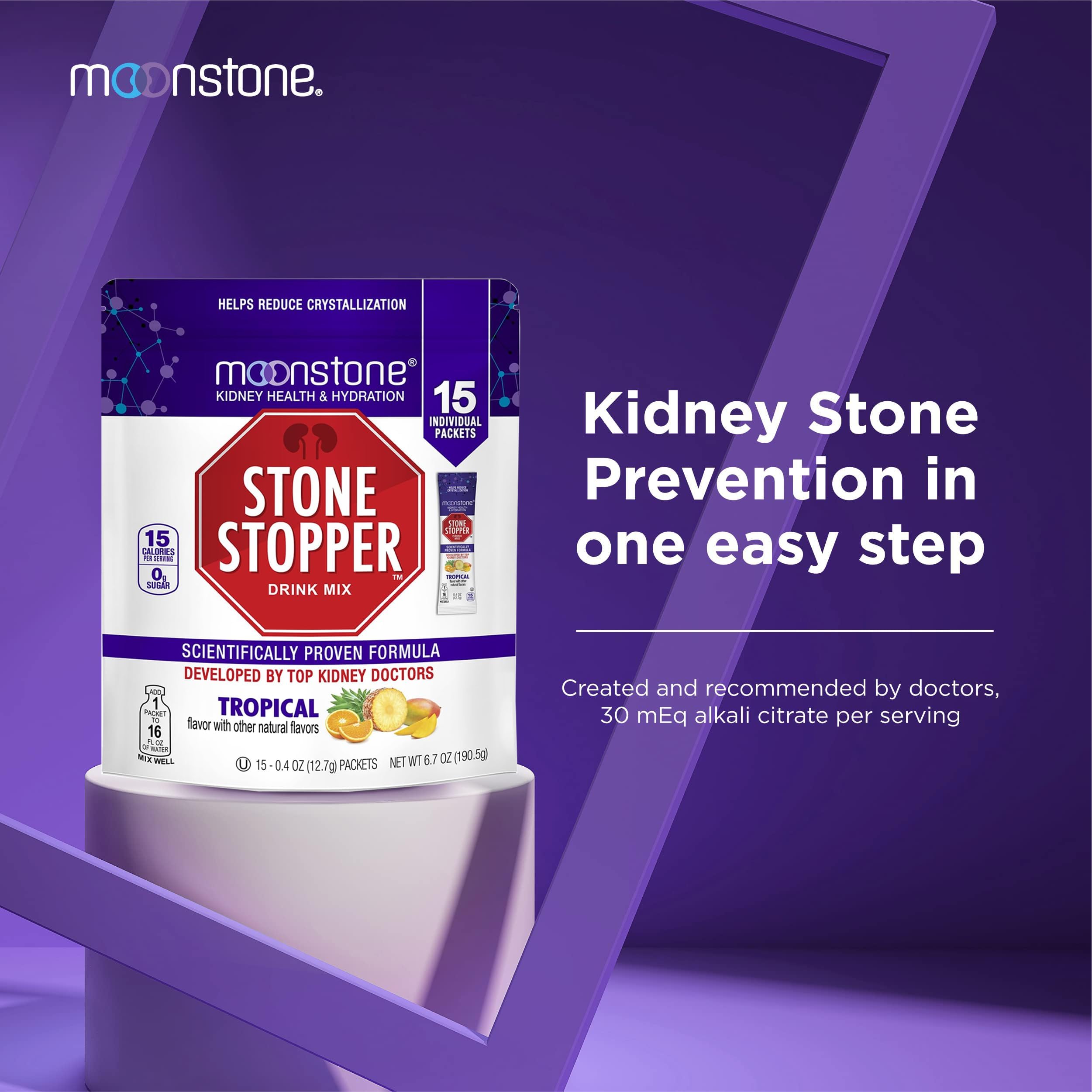 Moonstone Stone Stopper Drink Mix powder scoop beside bottle highlights easy daily intake.